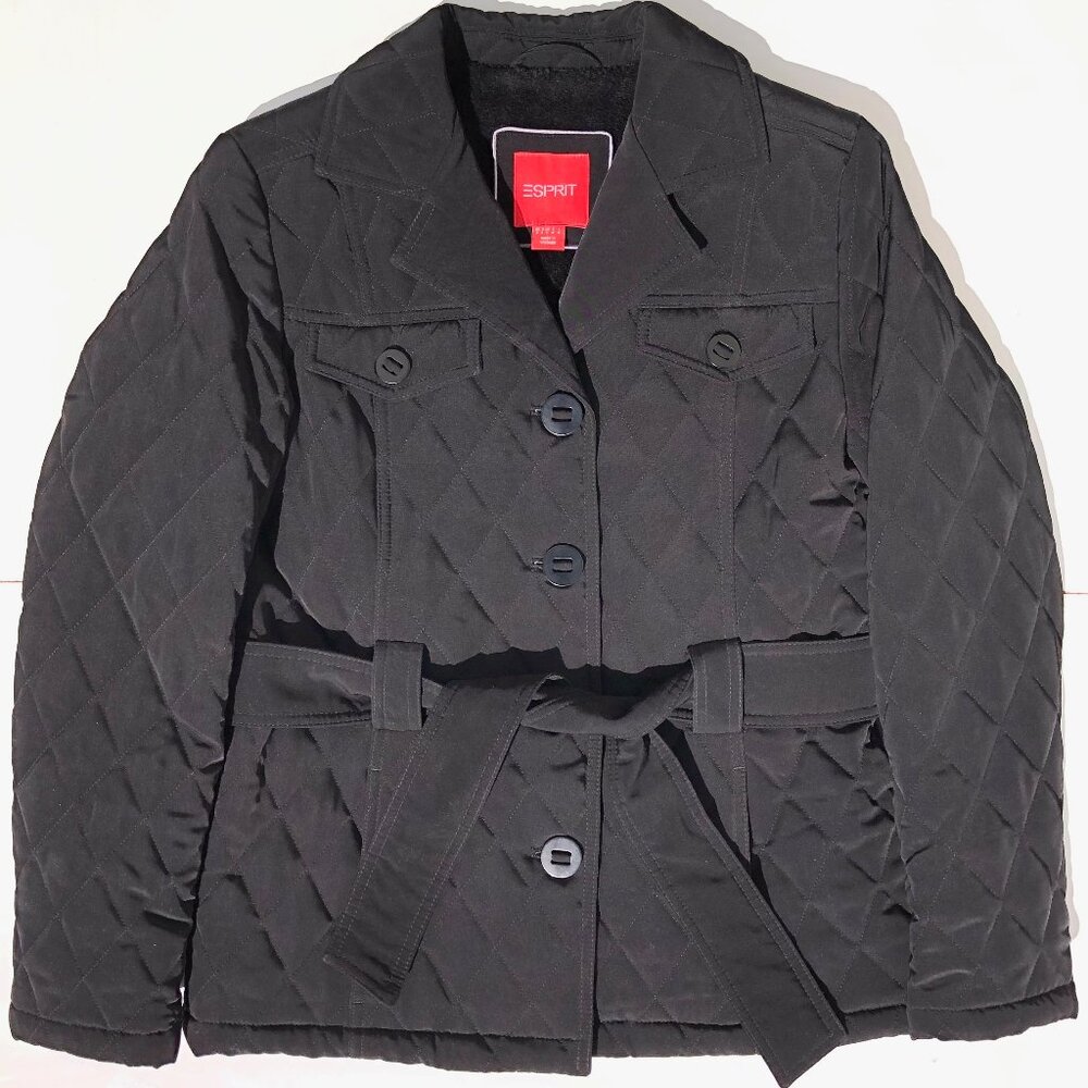Esprit quilted coat women size S Small black button up short coat sash pockets